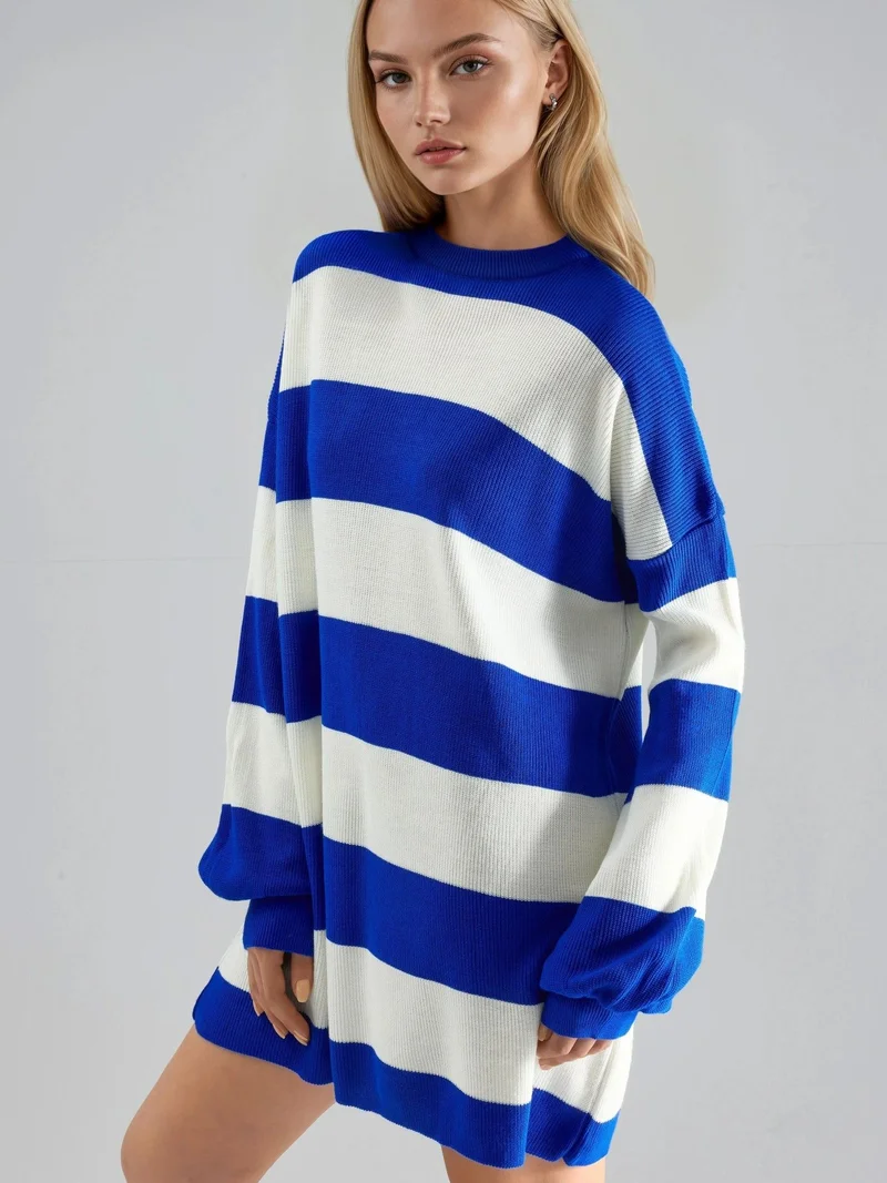 MY FASHION Cobalt Blue MY FASHION Striped Mini Dress with Crew Neck for Women | Best Price UAE